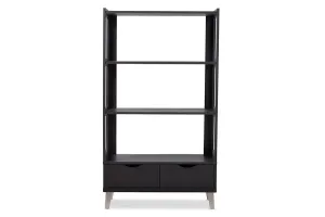 Kalien Dark Brown Wood Leaning Bookcase with Display Shelves and Two Drawers