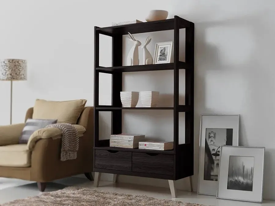 Kalien Dark Brown Wood Leaning Bookcase with Display Shelves and Two Drawers