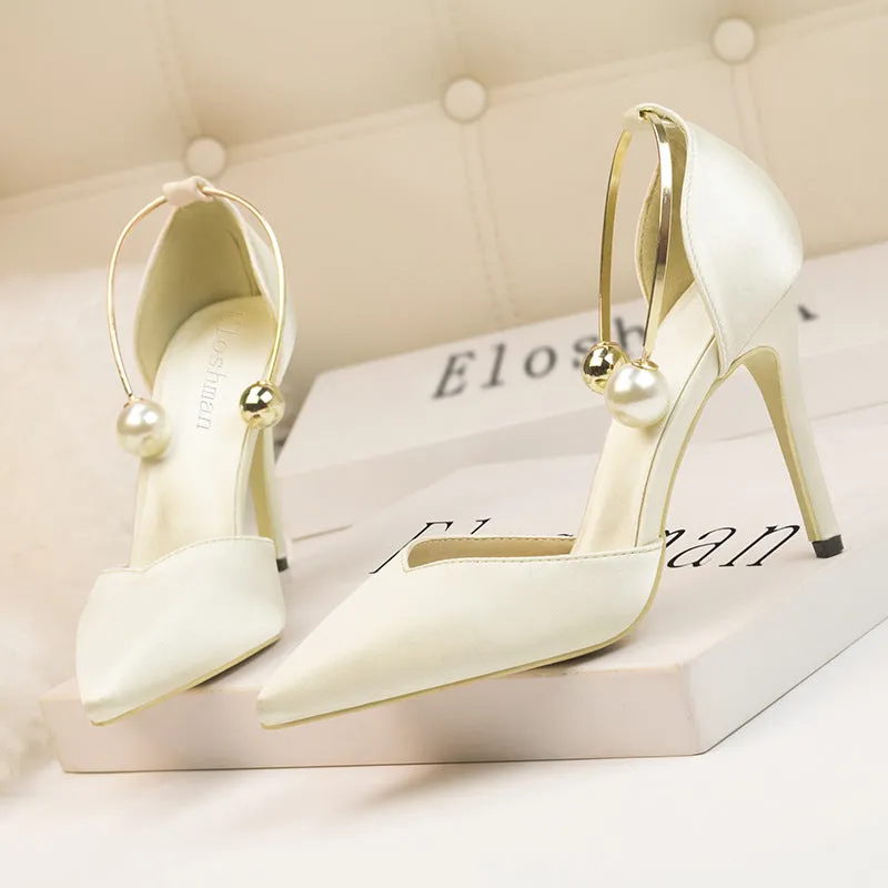 Low-cut Satin Hollow-out Pointed Toe Nightclub Metal Strap Sandals