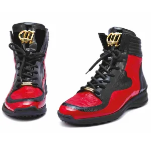 Mauri "8401" Red Black Alligator/ Ostrich/Patent Leather High-Top Sneakers