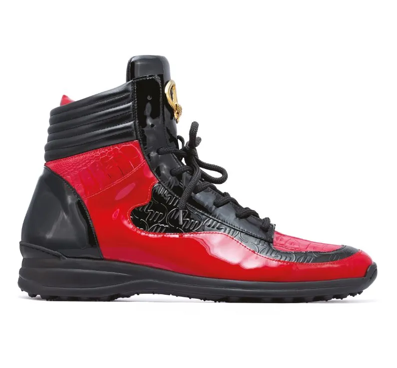 Mauri "8401" Red Black Alligator/ Ostrich/Patent Leather High-Top Sneakers