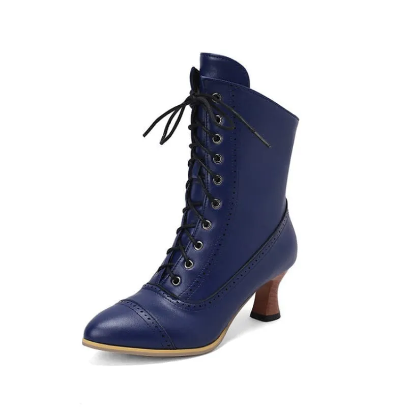 Navy Blue Retro Steampunk Lace Up Ankle Boots for Women