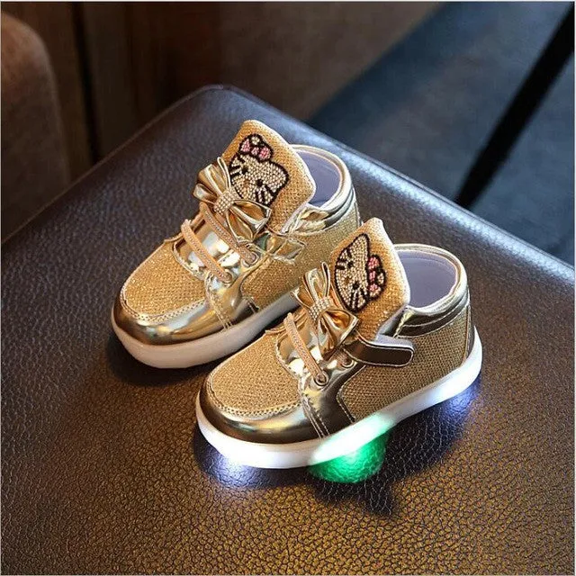 New Cartoon Cat Diamond Princess Girls Sports Shoes Autumn-Winter Cartoon LED Sneakers Korean Children High Top Boots Kids Shoes