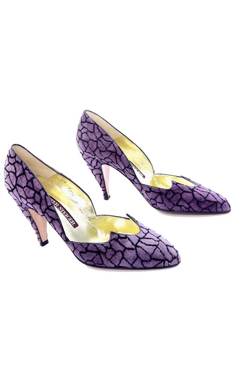 New Vintage Walter Steiger Shoes Purple Suede Abstract Print Heels 7AA