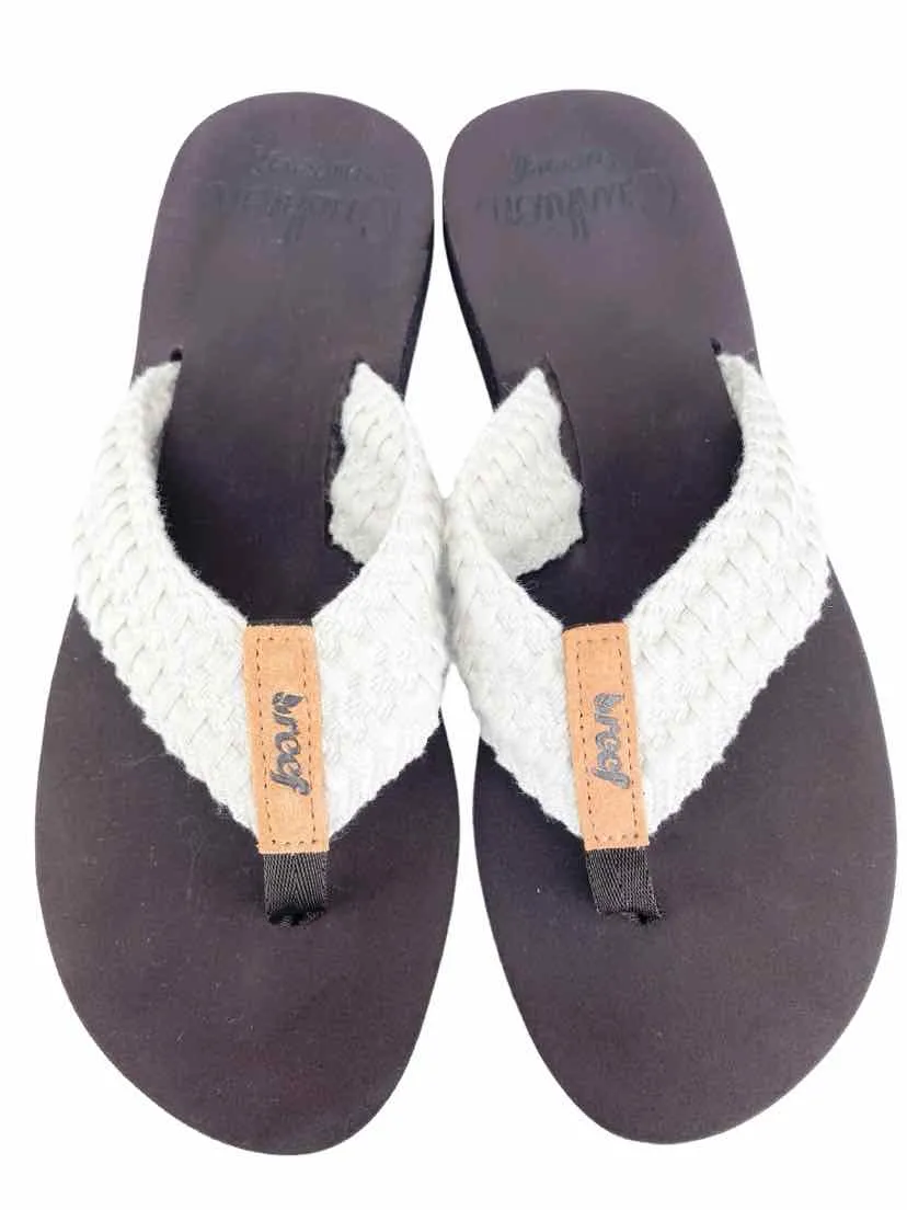 Reef Women's Cushion Threads Crochet  Flip Flop Ivory Brown Size 8