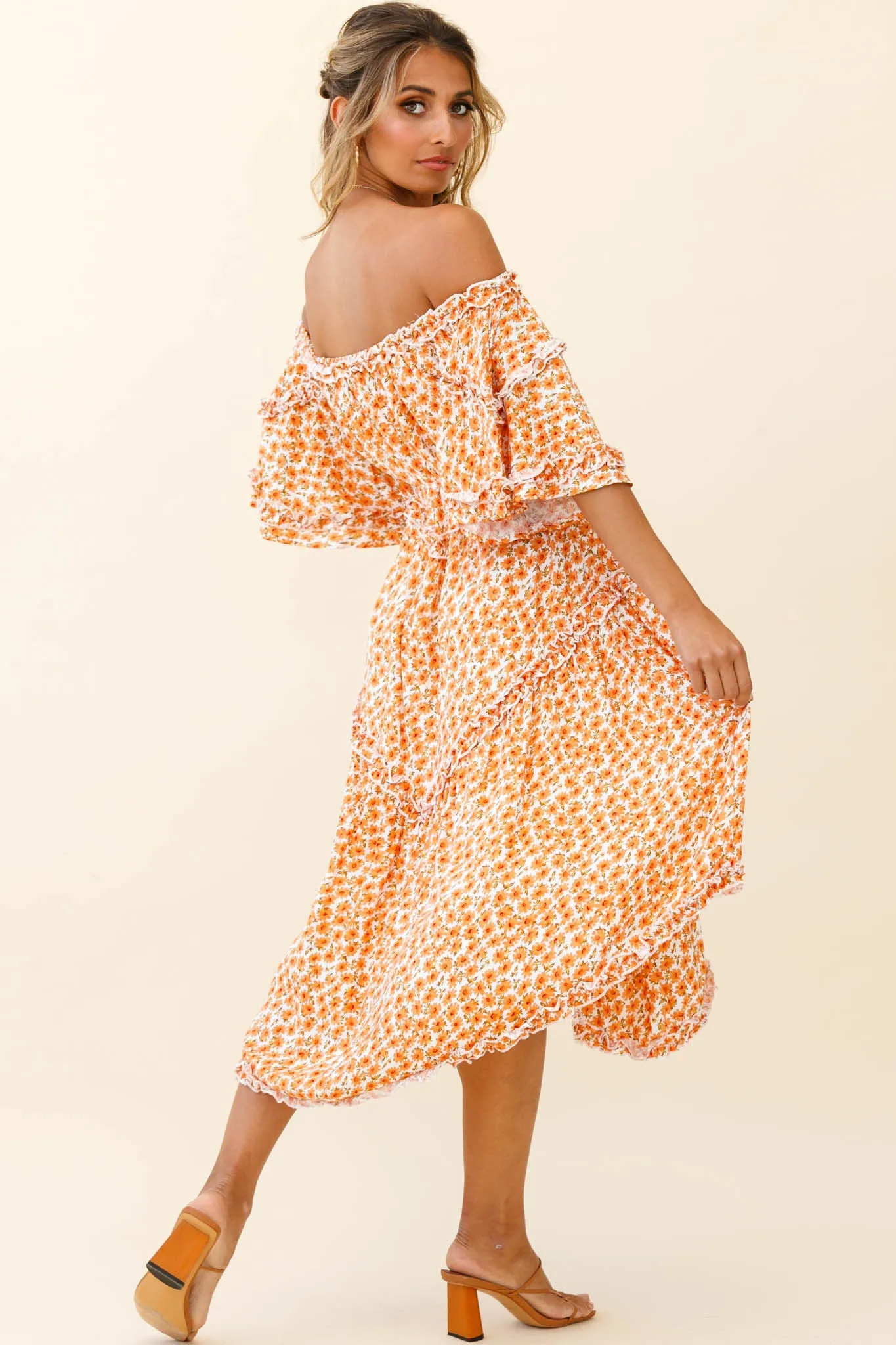 Renoir Off-Shoulder Frill Trim Dress Floral Print Orange