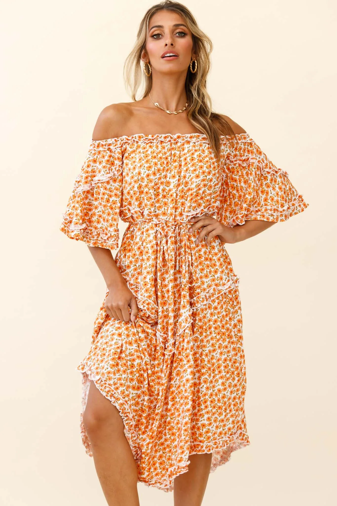 Renoir Off-Shoulder Frill Trim Dress Floral Print Orange