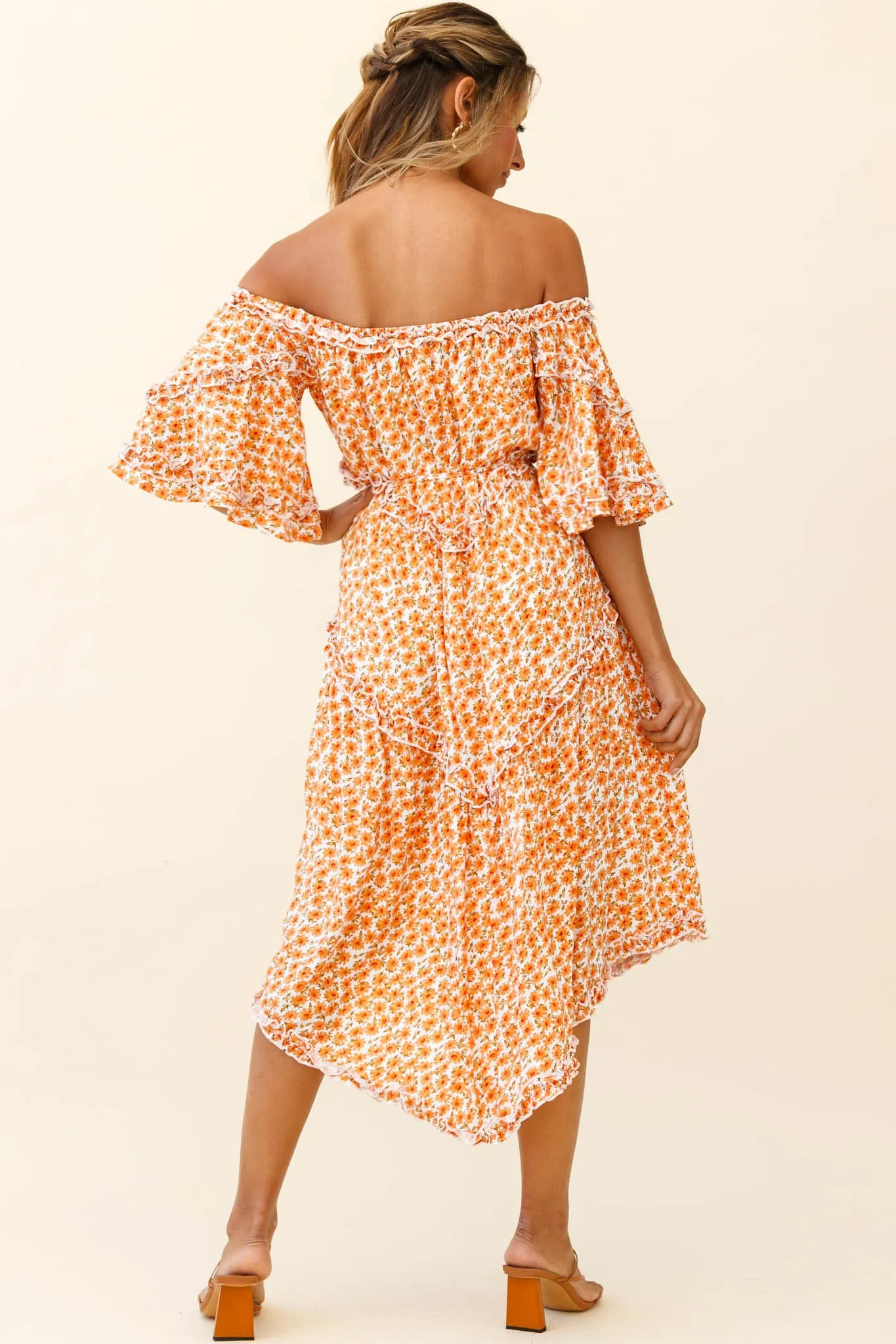 Renoir Off-Shoulder Frill Trim Dress Floral Print Orange