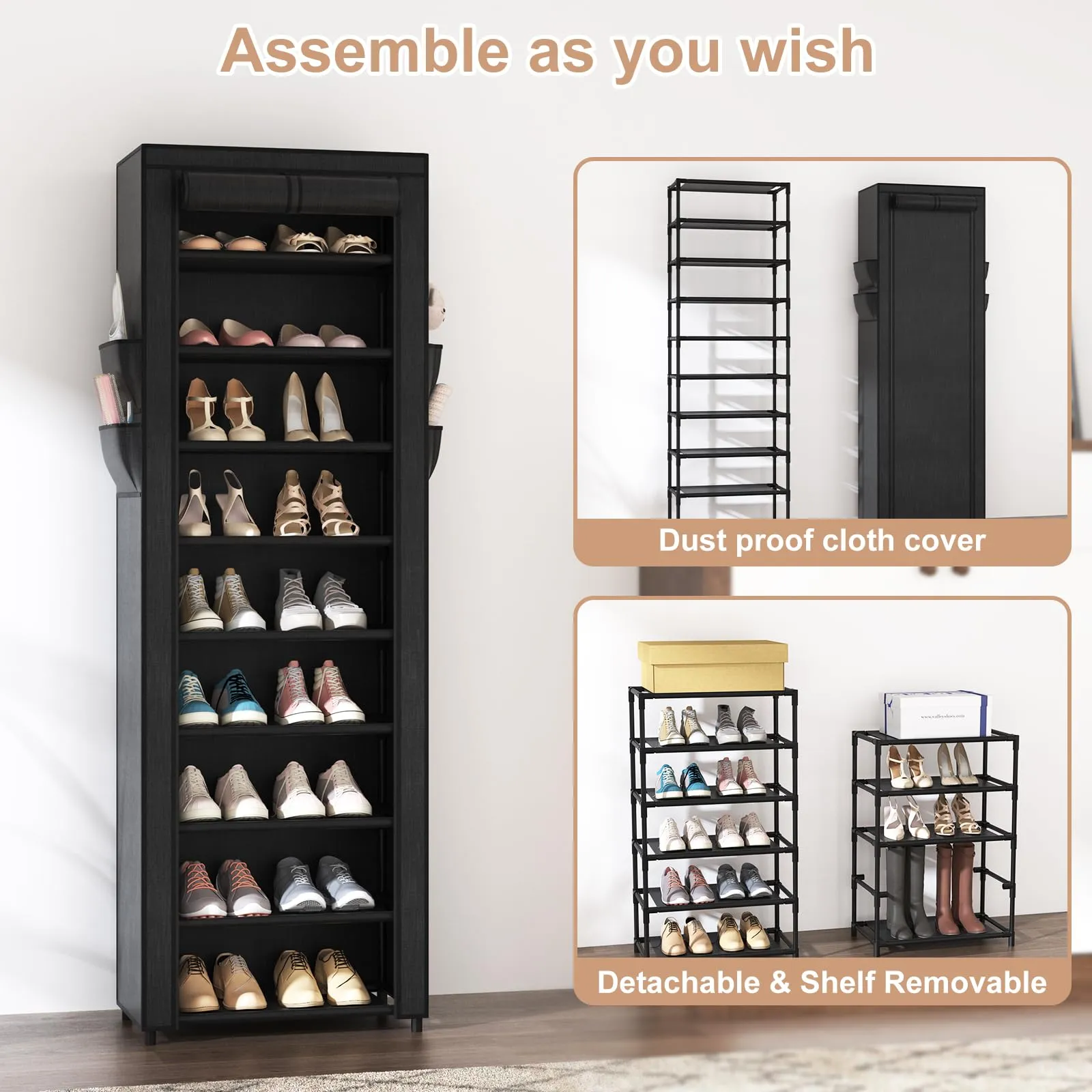 ROJASOP Tall Shoe Rack With Covers, 10 Tier Narrow Shoe Storage Organizer Cabinet for Closet Entryway Garage, Vertical Space Saving Shoe Shelf Stand for 20-22 Pairs Shoes and Boots