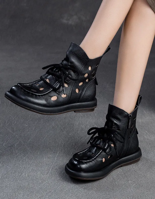 Round Toe Hollow Leather Handmade Retro Ankle Boots