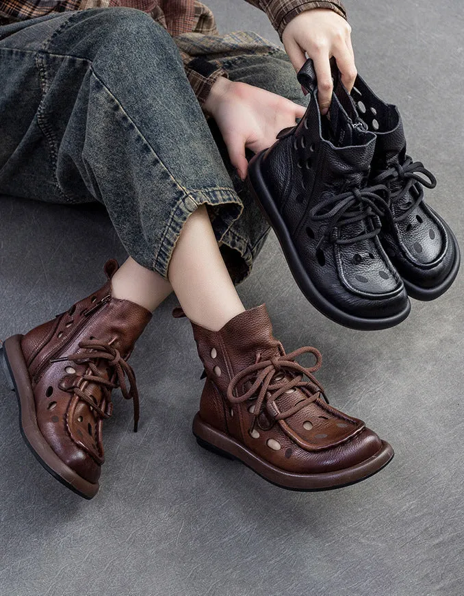 Round Toe Hollow Leather Handmade Retro Ankle Boots