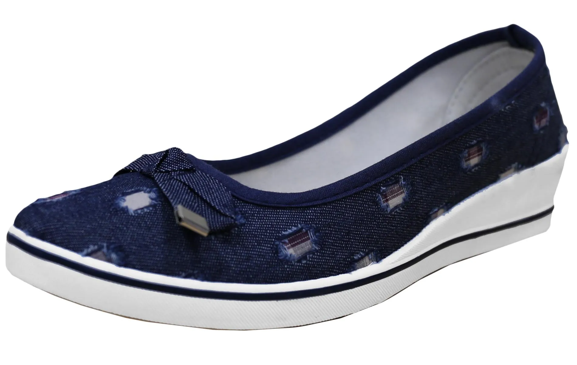 S-3 Women's Rhinestone Denim Slip On Low Wedge Ballet Fashion Sneaker