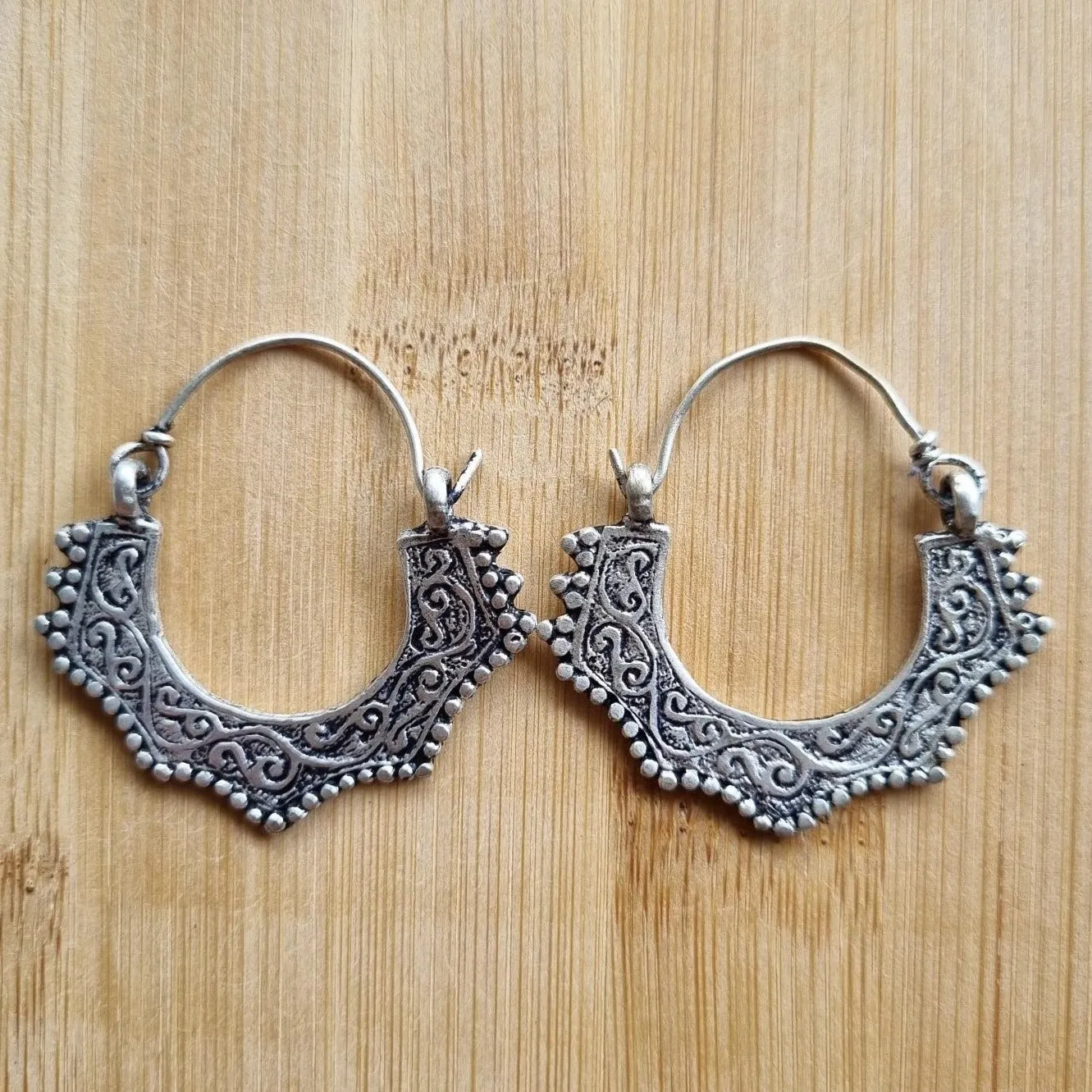 Silver Gypsy Tribal Hoop Earrings