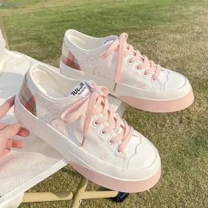 Sneakers Women's Sports Kawaii Shoes Canvas Pink Flat Platform Running White Casual Anime Lolita Korean Vulcanize Rubber Sole