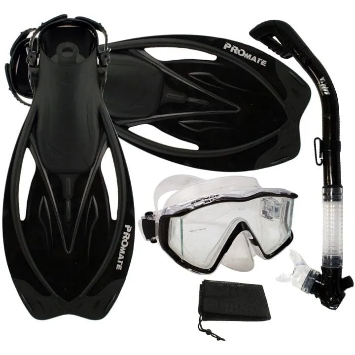 Snorkeling Scuba Dive Panoramic Mask Dry Snorkel Fins Gear Set - SCS0082