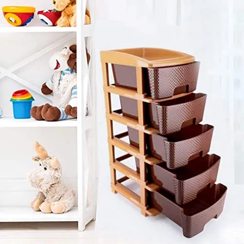 TEX-RO Plastic Modular Drawer Storage Chest Of Drawers Organizer Storage Box, Large Stomo Racks For Multipurpose Anti-slip Shoes Organizers | Brown | 5 Layer