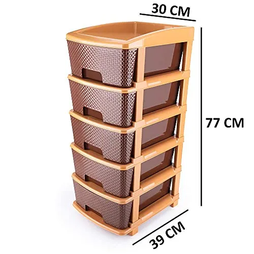 TEX-RO Plastic Modular Drawer Storage Chest Of Drawers Organizer Storage Box, Large Stomo Racks For Multipurpose Anti-slip Shoes Organizers | Brown | 5 Layer