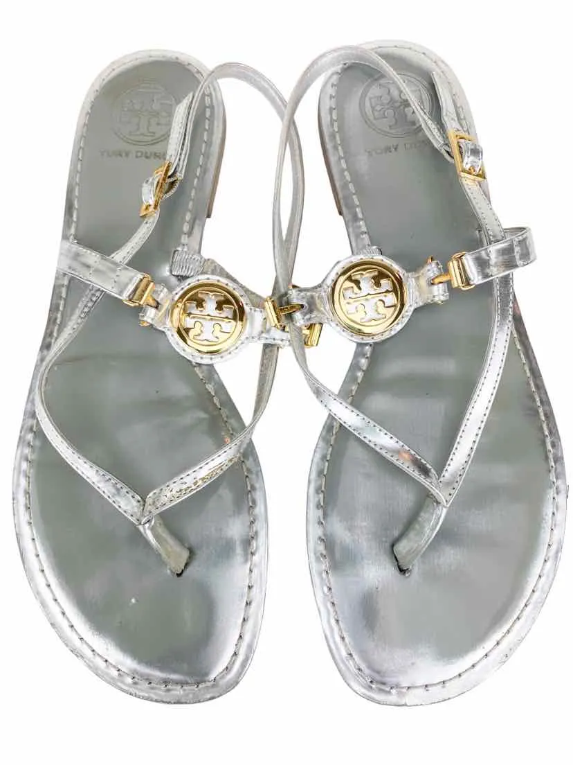 Tory Burch, Women's Ali Logo Metallic Sandals, Silver, Size 9