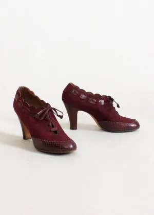 Vintage 1930s Burgundy Suede and Leather Lace Up Shoes