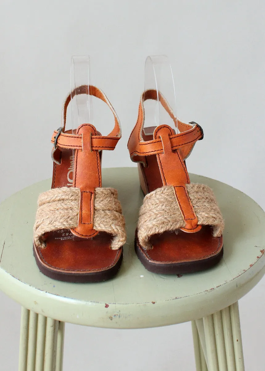 Vintage 1970s Jute and Leather Wedge Sandals