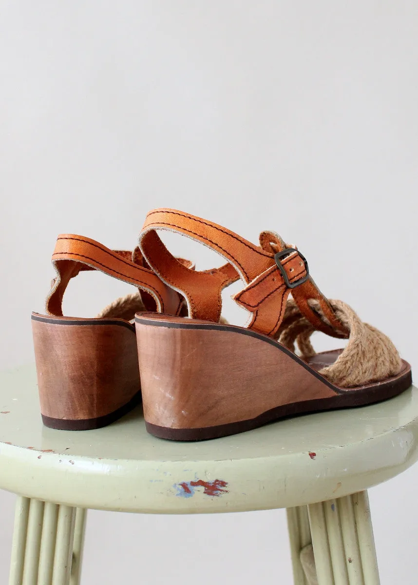 Vintage 1970s Jute and Leather Wedge Sandals