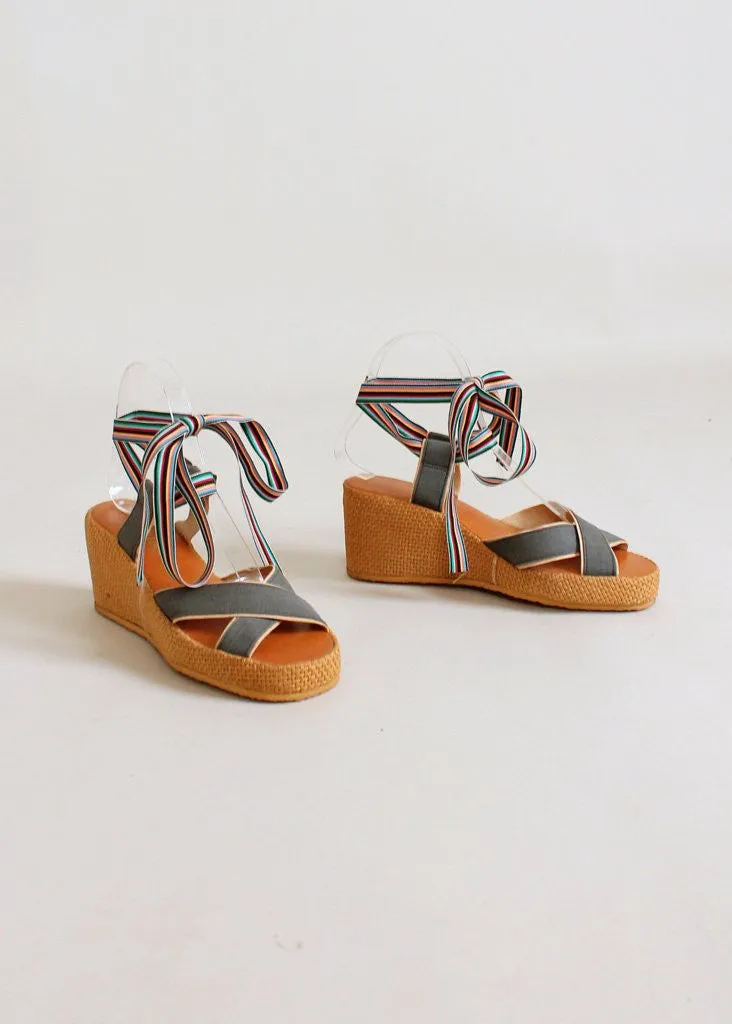 Vintage 1970s Rainbow Ribbon Ankle Tie Platform Sandals