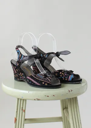 Vintage Late 1940s Painted Velvet Ankle Tie Sandals