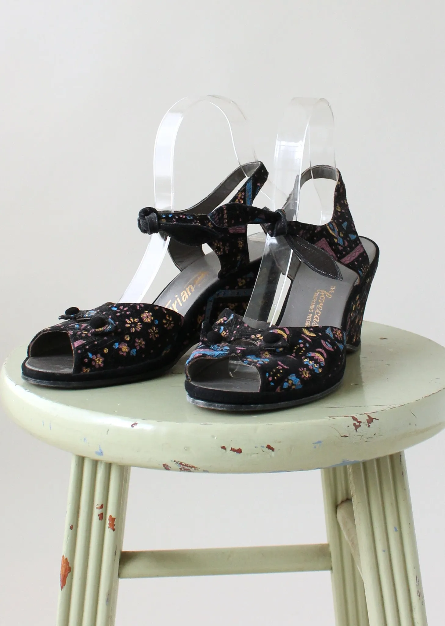 Vintage Late 1940s Painted Velvet Ankle Tie Sandals