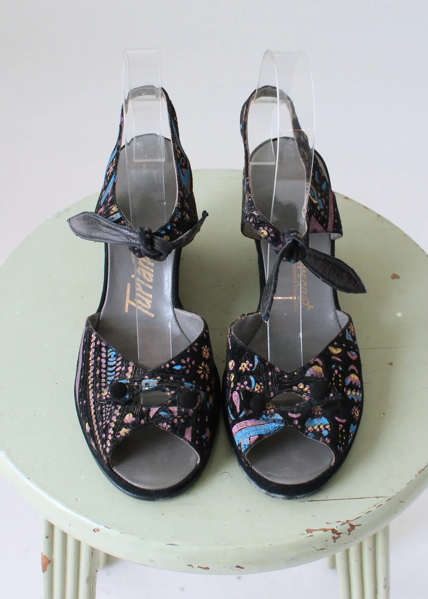 Vintage Late 1940s Painted Velvet Ankle Tie Sandals