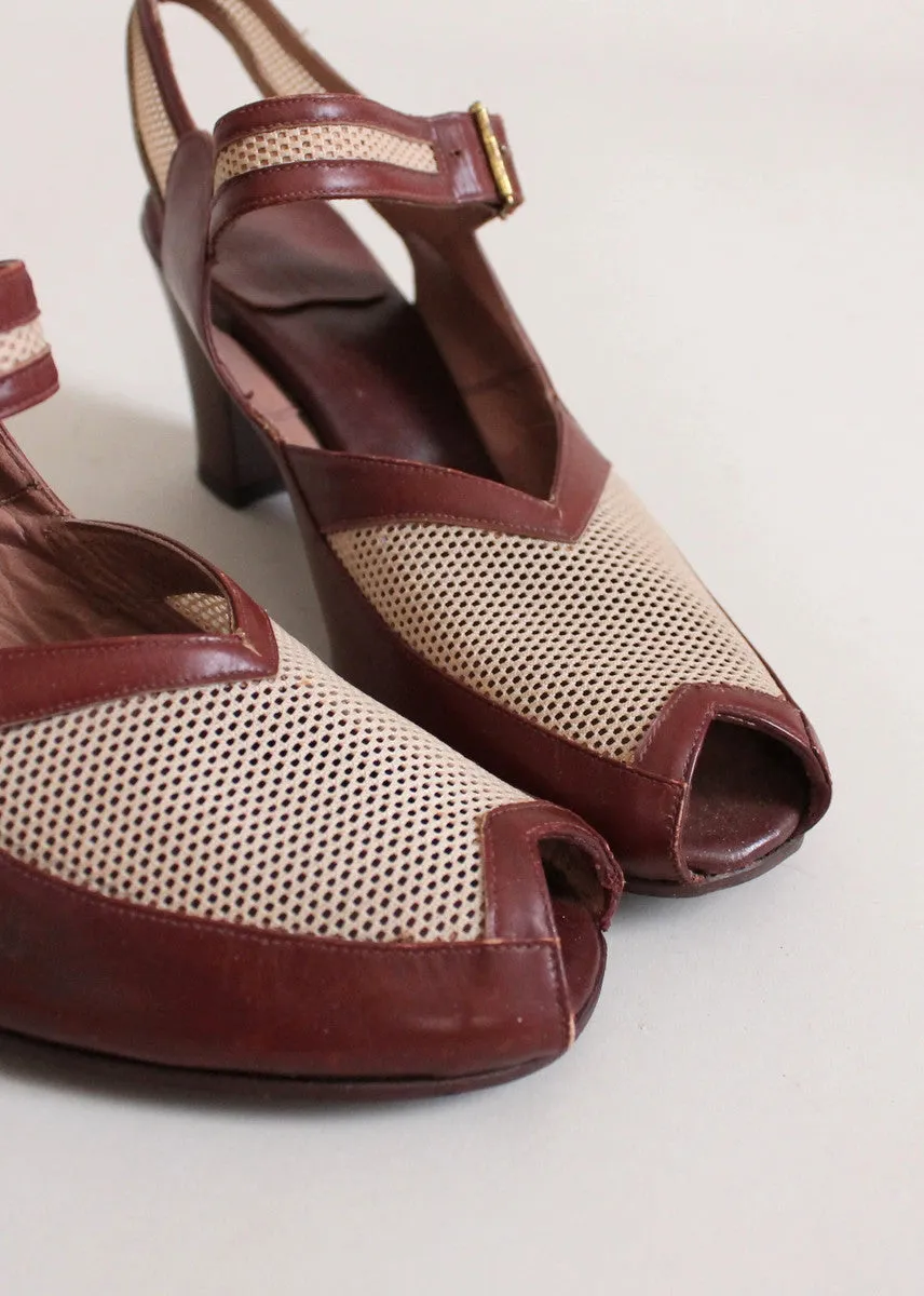 Vintage Late 1940s Two Tone Mesh Peep Toe Sandals