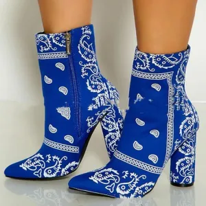 Women's Chunky Heel Pointed Toe Bandana Boots