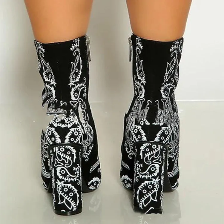 Women's Chunky Heel Pointed Toe Bandana Boots