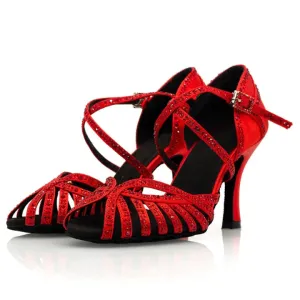 Womens Latin Dance Shoes Red Rhinestone