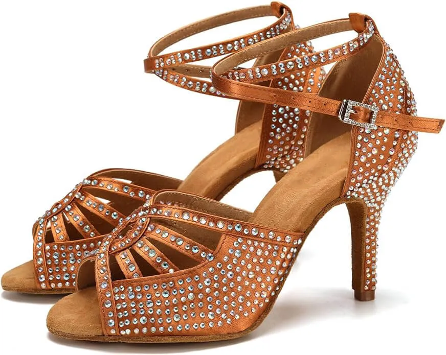 Womens Latin Dance Shoes Suntan Rhinestone