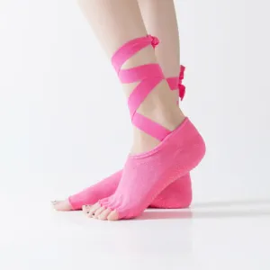 Yoga Five-Finger Socks Open-Toe Lace-Up Dance Socks Particle Non-Slip Socks, Size: One Size(Rose Red)