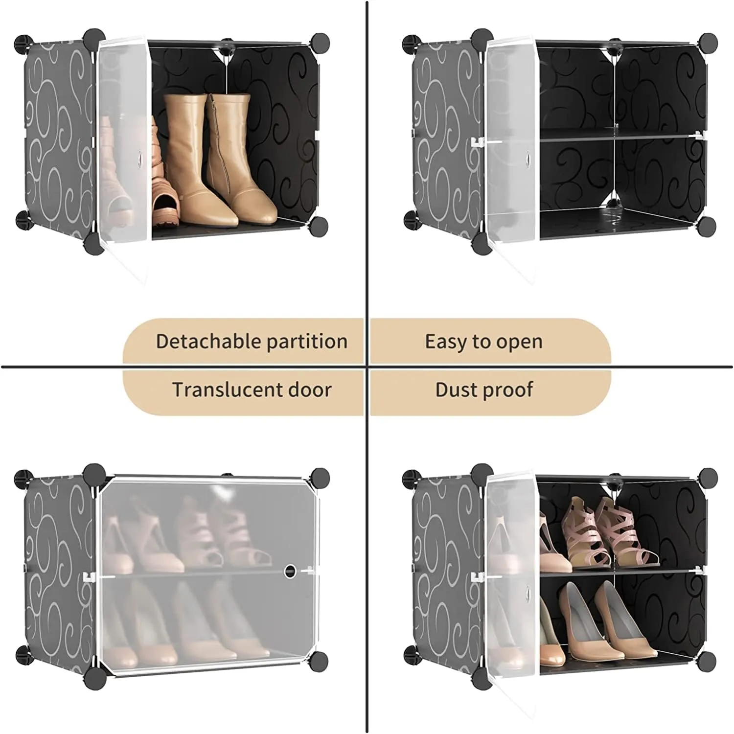 Zemic DIY Shoe Storage Cabinet, Plastic Shoe Rack Organiser to 30 Pair Shoes, foldable Shoe Storage with Shelves and Door for All Kinds of Shoes, Books, Toys and Clothing (10-Shelf, Black)